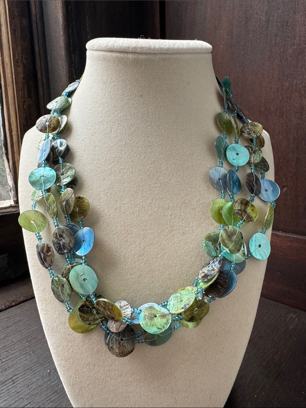 Multi-Strand Green Blue Shell Disk Necklace